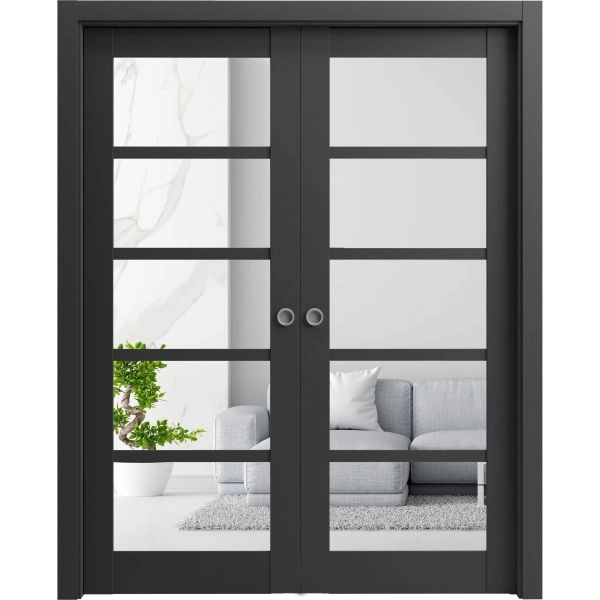 solid interior french | quadro 4522 matte black with clear glass | single regular panel frame trims handle | bathroom bedroom sturdy doors