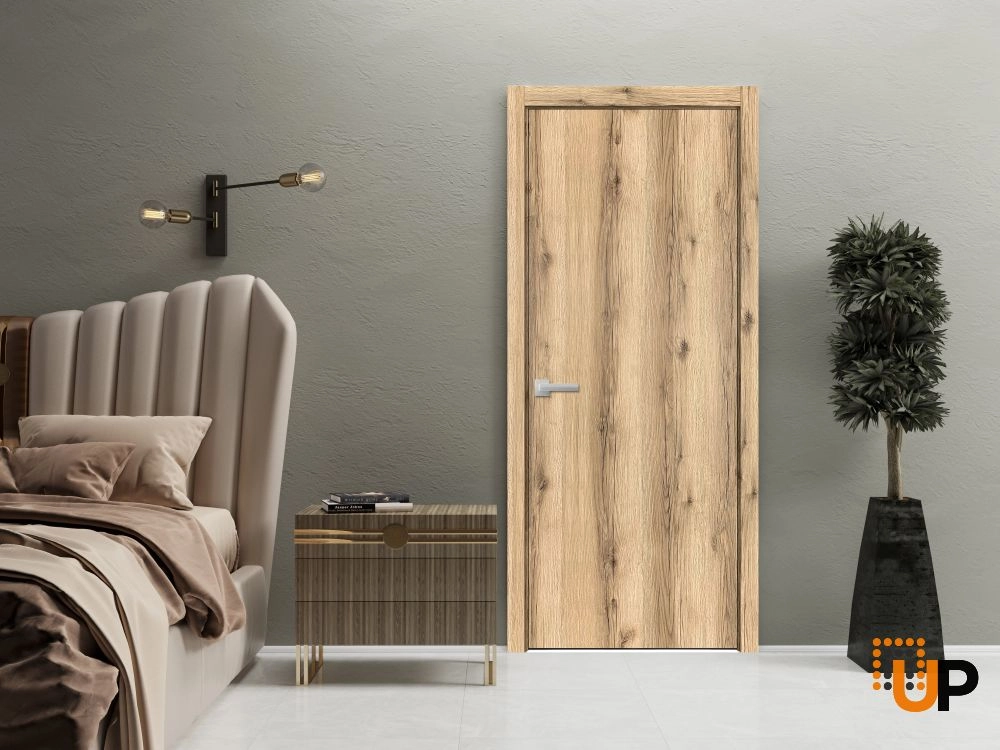 modern wood interior door with hardware | planum 0010 oak | single panel frame trims | bathroom bedroom sturdy doors