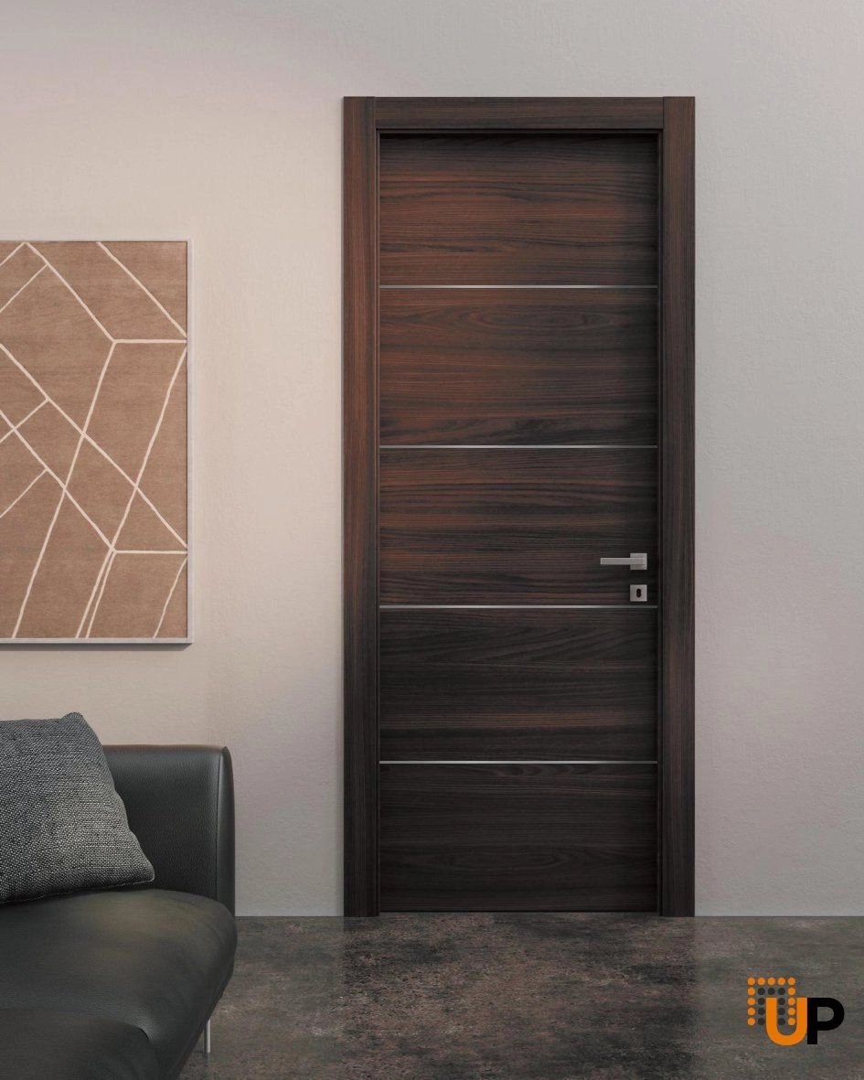 modern wood interior door with hardware | planum 0020 chocolate ash | single panel frame trims | bathroom bedroom sturdy doors